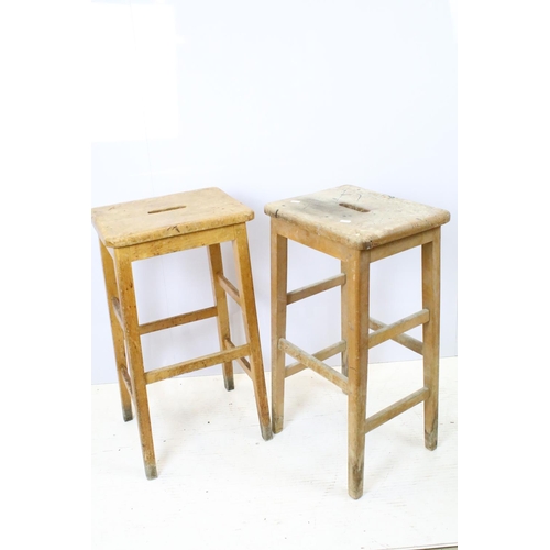 665 - Set of six mid Century vintage wooden lab stools stamped Gomm Bros Ltd to underside of seats.