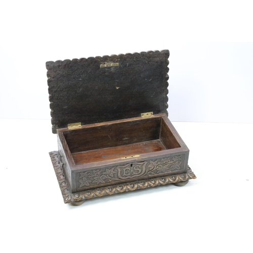 679 - Vintage carved oak bible box with the initials ES and dated 1892, 17cm high x 45cm x 27cm deep