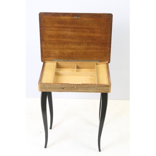 685 - Sewing box on tapering legs, inlaid with foliage design and further inlaid with Tunbridge type bandi... 