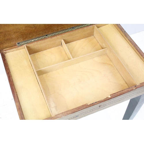 685 - Sewing box on tapering legs, inlaid with foliage design and further inlaid with Tunbridge type bandi... 