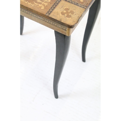 685 - Sewing box on tapering legs, inlaid with foliage design and further inlaid with Tunbridge type bandi... 