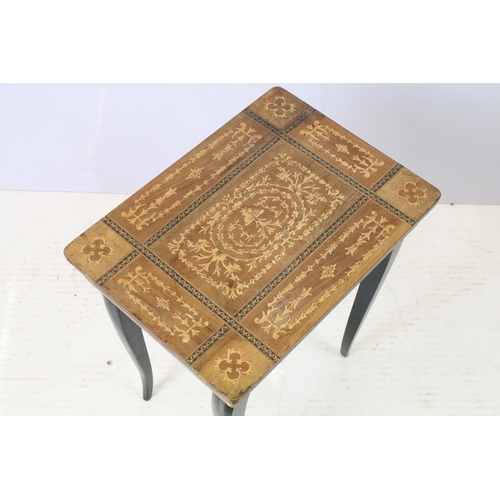 685 - Sewing box on tapering legs, inlaid with foliage design and further inlaid with Tunbridge type bandi... 
