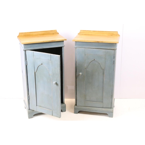 686 - Pair of substantial bedside cupboards with arch panelled doors, 78cm high x 42cm wide x 27cm deep