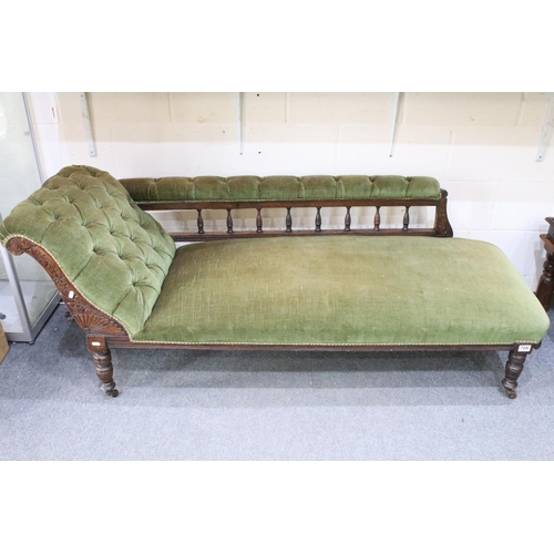 708 - Edwardian mahogany chaise lounge, the galleried back with turned balustrades, the scroll end carved,... 