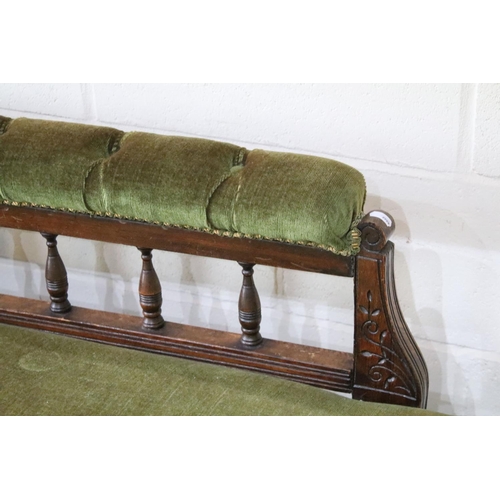 708 - Edwardian mahogany chaise lounge, the galleried back with turned balustrades, the scroll end carved,... 