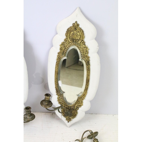 170 - Pair of gilt metal girondel wall mirrors with bevelled glass, each with two branch candle sconces, e... 