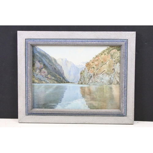 601 - Fred R Fitzgerald, The Narrows Naero Fiord ( Nærøyfjord ), watercolour, signed lower left, titled in... 