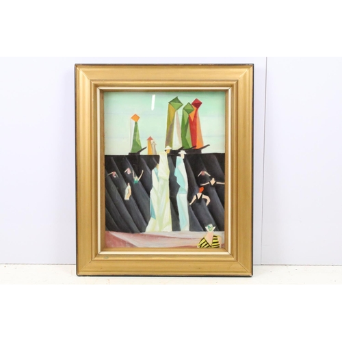 602 - A framed modernist oil painting of a beach scene with figures strolling, bathers and sailboats, 41 x... 