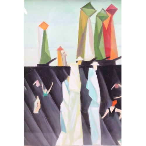 602 - A framed modernist oil painting of a beach scene with figures strolling, bathers and sailboats, 41 x... 