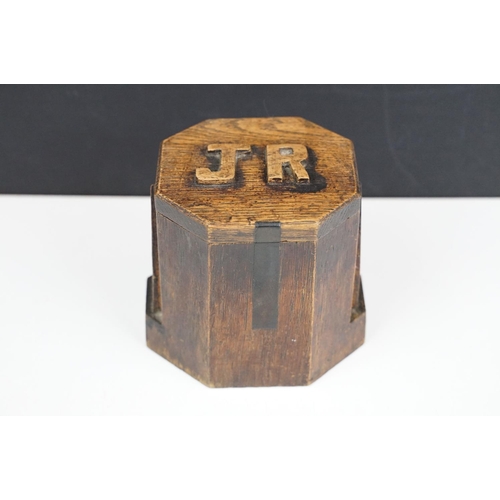 107 - Early-to-mid 20th C tobacco jar with 'JR' initials to lid and Art Deco geometric detail, approx 11cm... 