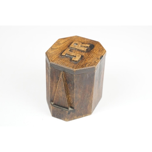 107 - Early-to-mid 20th C tobacco jar with 'JR' initials to lid and Art Deco geometric detail, approx 11cm... 