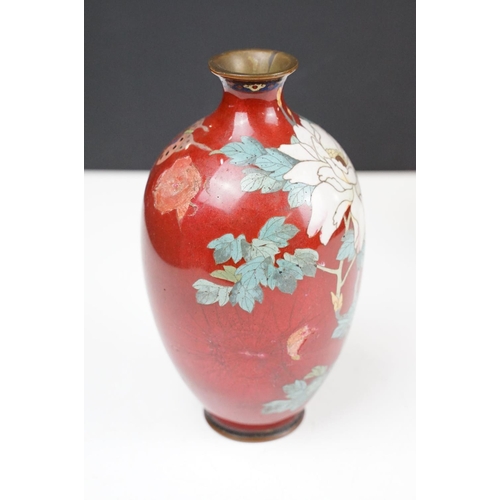 108 - Pair of Japanese baluster Cloisonné Vases decorated with chrysanthemums on a red ground, approx 19cm... 