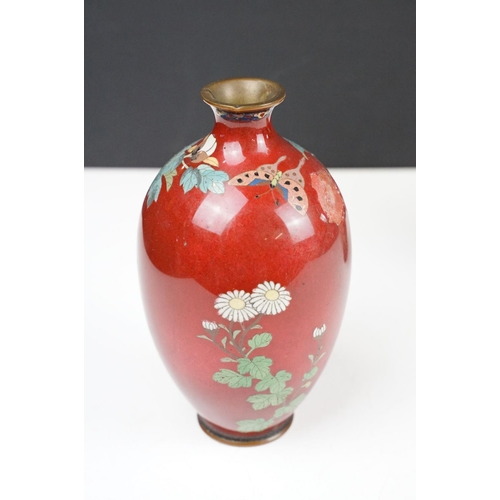 108 - Pair of Japanese baluster Cloisonné Vases decorated with chrysanthemums on a red ground, approx 19cm... 