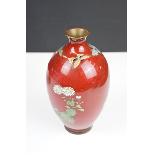 108 - Pair of Japanese baluster Cloisonné Vases decorated with chrysanthemums on a red ground, approx 19cm... 