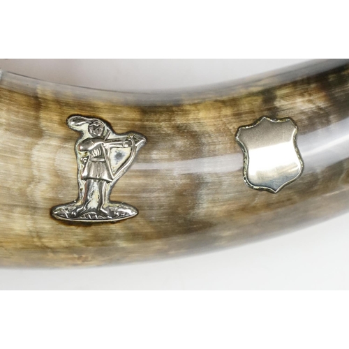 114 - Hunting horn with silver plated mounts depicting an archer & stag, measures approx 38cm long