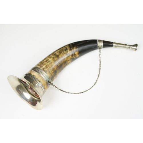 114 - Hunting horn with silver plated mounts depicting an archer & stag, measures approx 38cm long