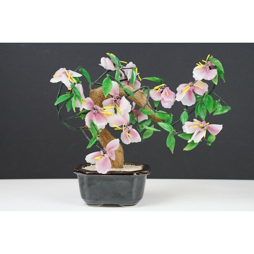 115 - Chinese Cherry Blossom Bonsai Tree in a brown glazed ceramic bowl, approx 28cm high