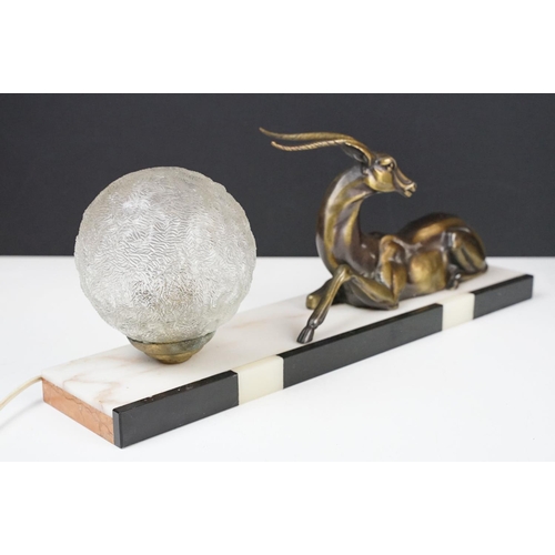 117 - Art Deco Table Lamp mounted with an Antelope and globular glass shade on a marble plinth base, appro... 