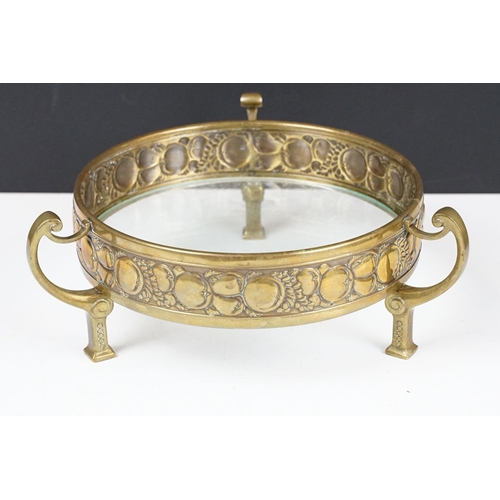 125 - WMF Secessionist Brass and Glass Centrepiece Bowl of circular form with repousse decoration of flowe... 