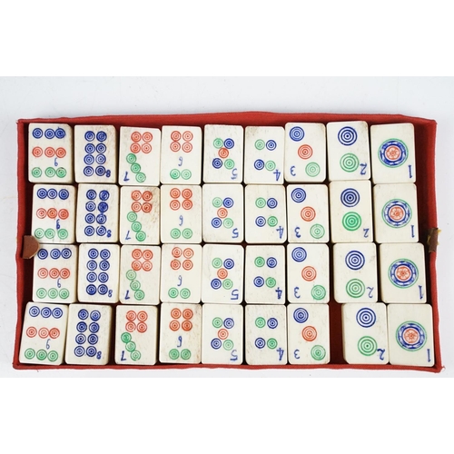 132 - Vintage mahjong set with bone & bamboo pieces, housed within a case and wooden box (with inscription... 