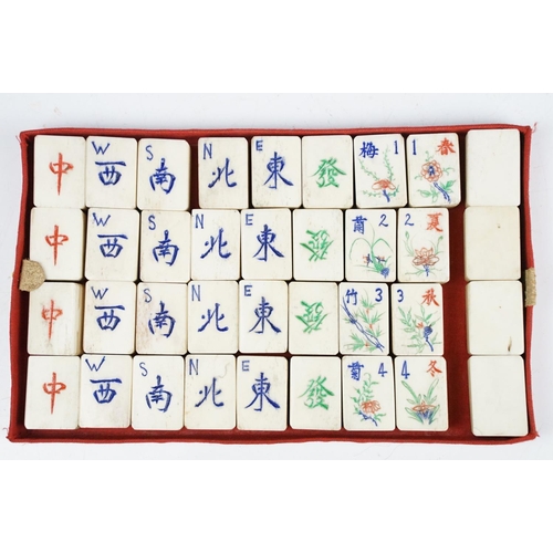 132 - Vintage mahjong set with bone & bamboo pieces, housed within a case and wooden box (with inscription... 