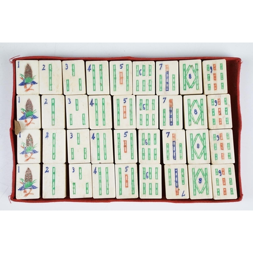 138 - Vintage mahjong set with bone & bamboo pieces, housed within a case and wooden box (with inscription... 