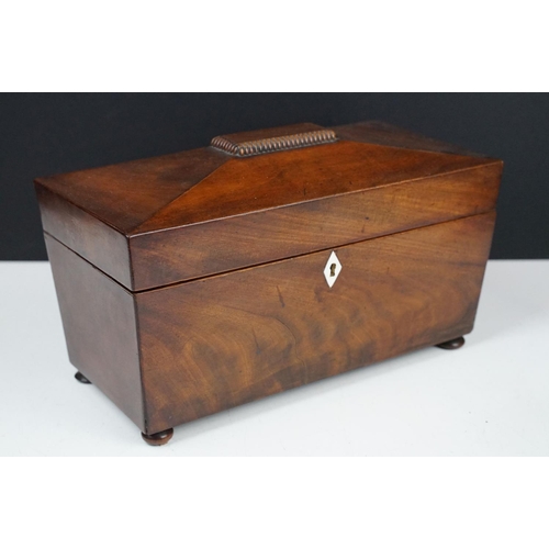 163 - Regency Mahogany Sarcophagus Tea Caddy, the hinged lid opening to two lidded compartments and centra... 