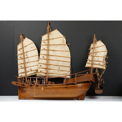 165 - 20th Century scratch built junk ship model having three sails, rope detailing, and life boat. Measur... 