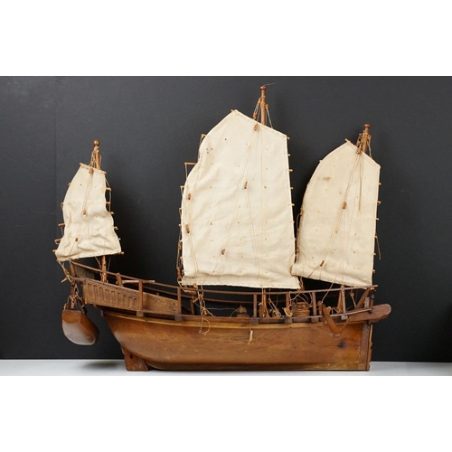 165 - 20th Century scratch built junk ship model having three sails, rope detailing, and life boat. Measur... 