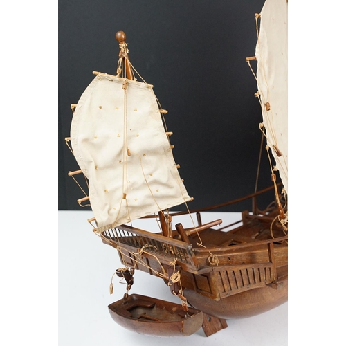 165 - 20th Century scratch built junk ship model having three sails, rope detailing, and life boat. Measur... 