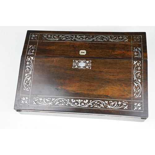 167 - 19th Century Victorian rosewood writing slope being inlaid with mother of pearl to the borders, open... 