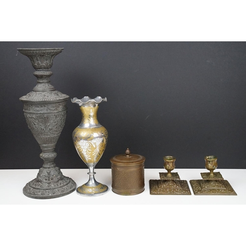 176 - Group of metal wares to include an antique cast metal vase with raised classical detailing, a pair o... 