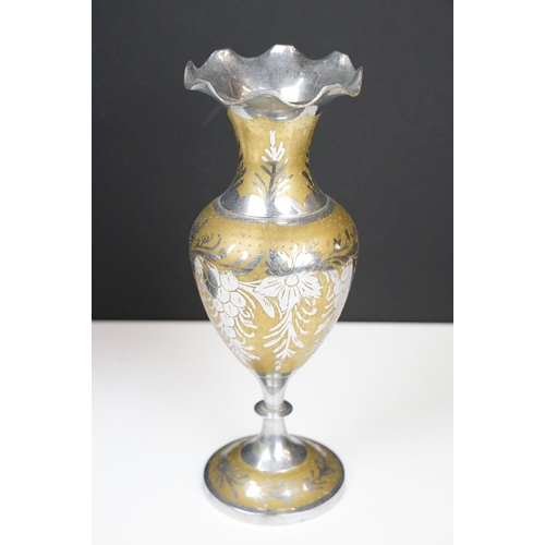 176 - Group of metal wares to include an antique cast metal vase with raised classical detailing, a pair o... 