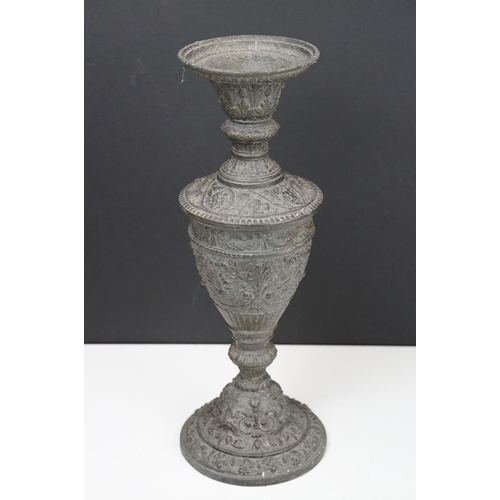 176 - Group of metal wares to include an antique cast metal vase with raised classical detailing, a pair o... 