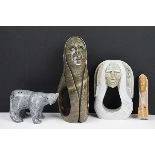 182 - Collection of Native American six nations carved stone figurines to include a bear and three figures... 