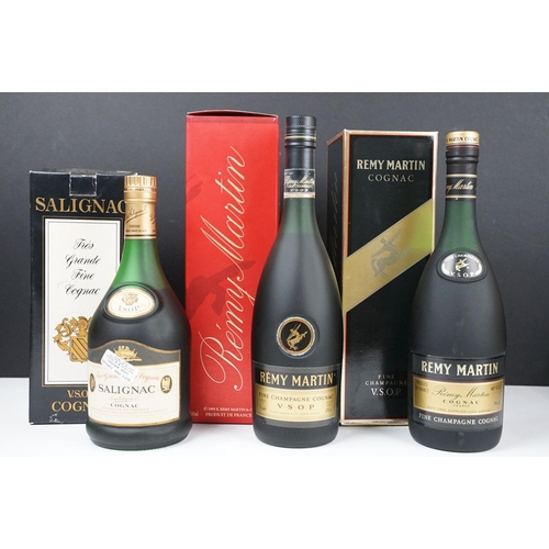 193 - Three bottles of Cognac to include Remy Martin fine champagne cognac V.S.O.P. (2 boxed 70cl bottles)... 