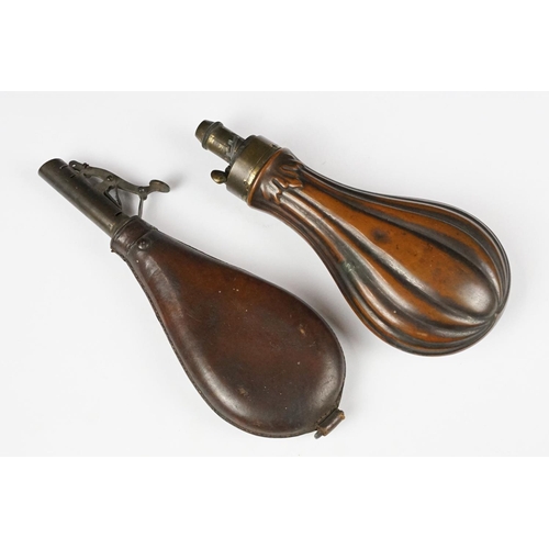 274 - Copper powder flask of ribbed form (approx 19cm long), together with a vintage leather shot pouch