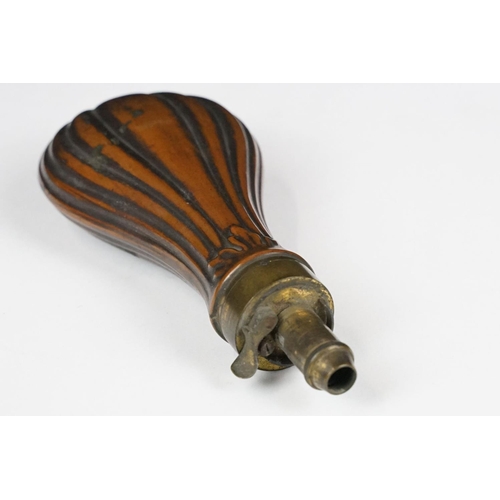 274 - Copper powder flask of ribbed form (approx 19cm long), together with a vintage leather shot pouch