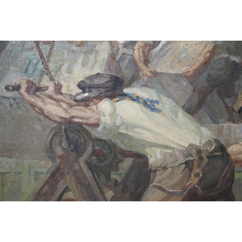 586 - Harold Dearden (British 1888 - 1962), workmen, oil on canvas, 50 x 61cm