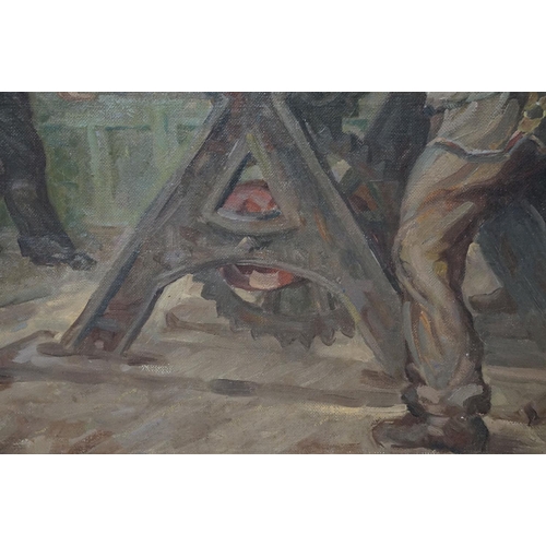 586 - Harold Dearden (British 1888 - 1962), workmen, oil on canvas, 50 x 61cm