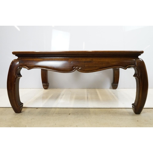 655 - Walnut coffee table, in the Oriental style, with five bevelled glass panels, 44cm high x 96.5cm wide... 
