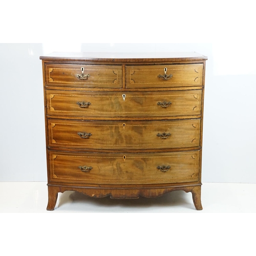 667 - Edwardian mahogany inlaid bowfront chest of 2 short and three long drawers, 107cm high x 108cm wide ... 