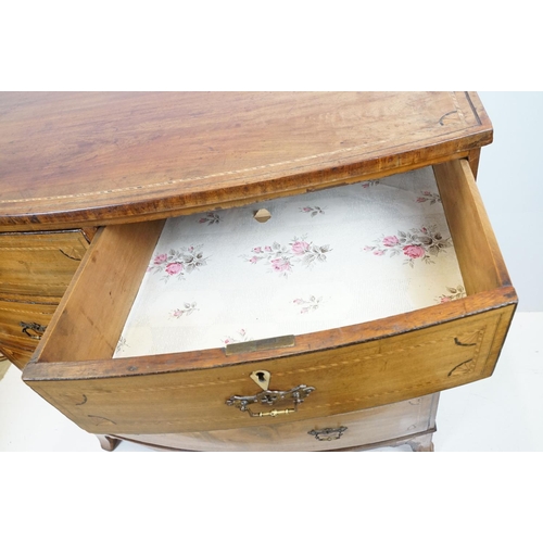 667 - Edwardian mahogany inlaid bowfront chest of 2 short and three long drawers, 107cm high x 108cm wide ... 