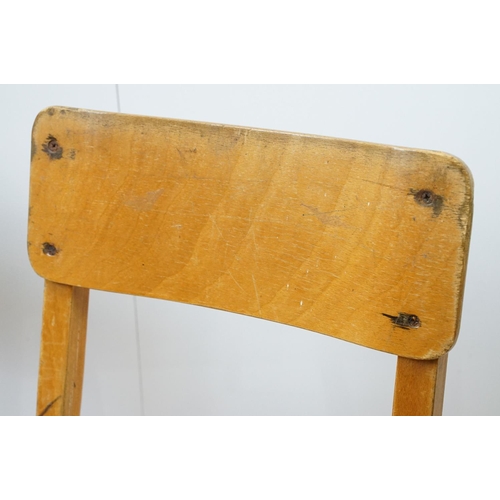 675 - Two mid century school desks and chairs, the desks - 71cm high x 60.5cm wide x 50.5cm deep