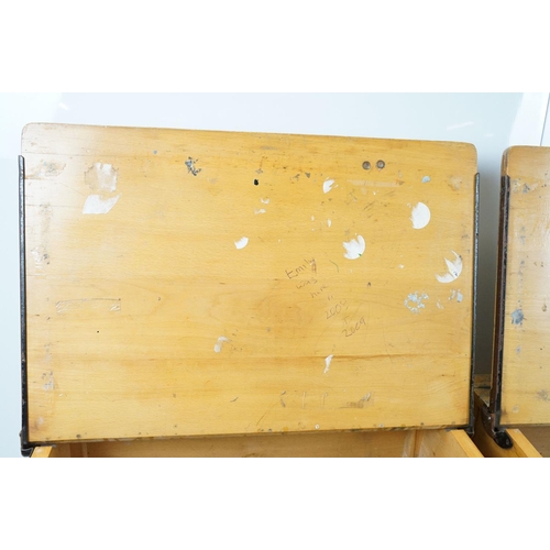 675 - Two mid century school desks and chairs, the desks - 71cm high x 60.5cm wide x 50.5cm deep