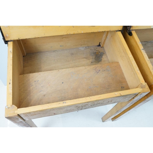 675 - Two mid century school desks and chairs, the desks - 71cm high x 60.5cm wide x 50.5cm deep