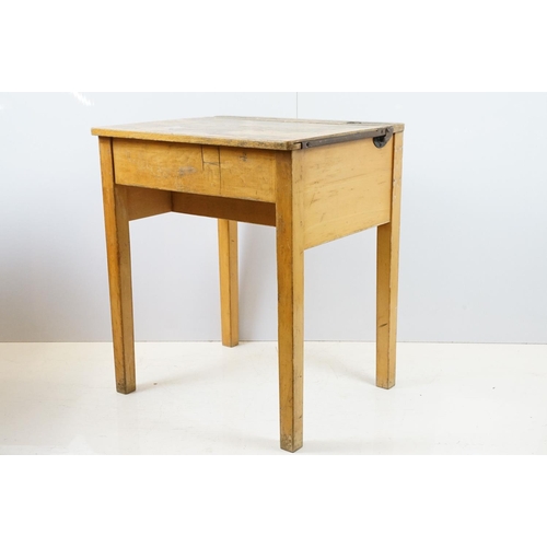 675 - Two mid century school desks and chairs, the desks - 71cm high x 60.5cm wide x 50.5cm deep
