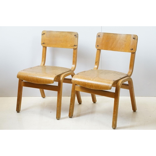 675 - Two mid century school desks and chairs, the desks - 71cm high x 60.5cm wide x 50.5cm deep