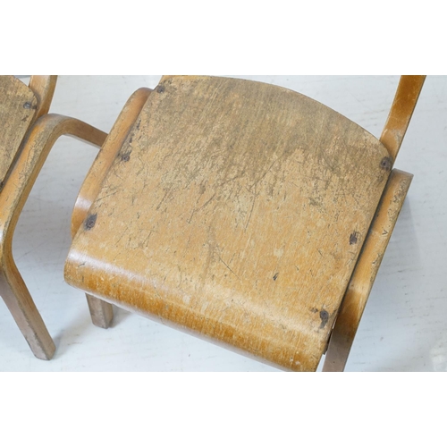 675 - Two mid century school desks and chairs, the desks - 71cm high x 60.5cm wide x 50.5cm deep