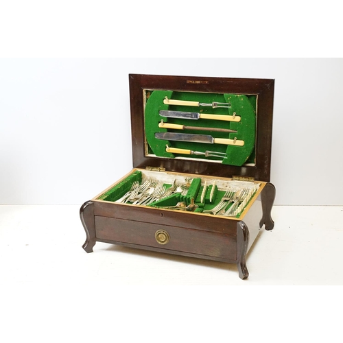 678 - Mahogany cased canteen of cutlery, containing a mixture of silver plated flatware, to include King's... 